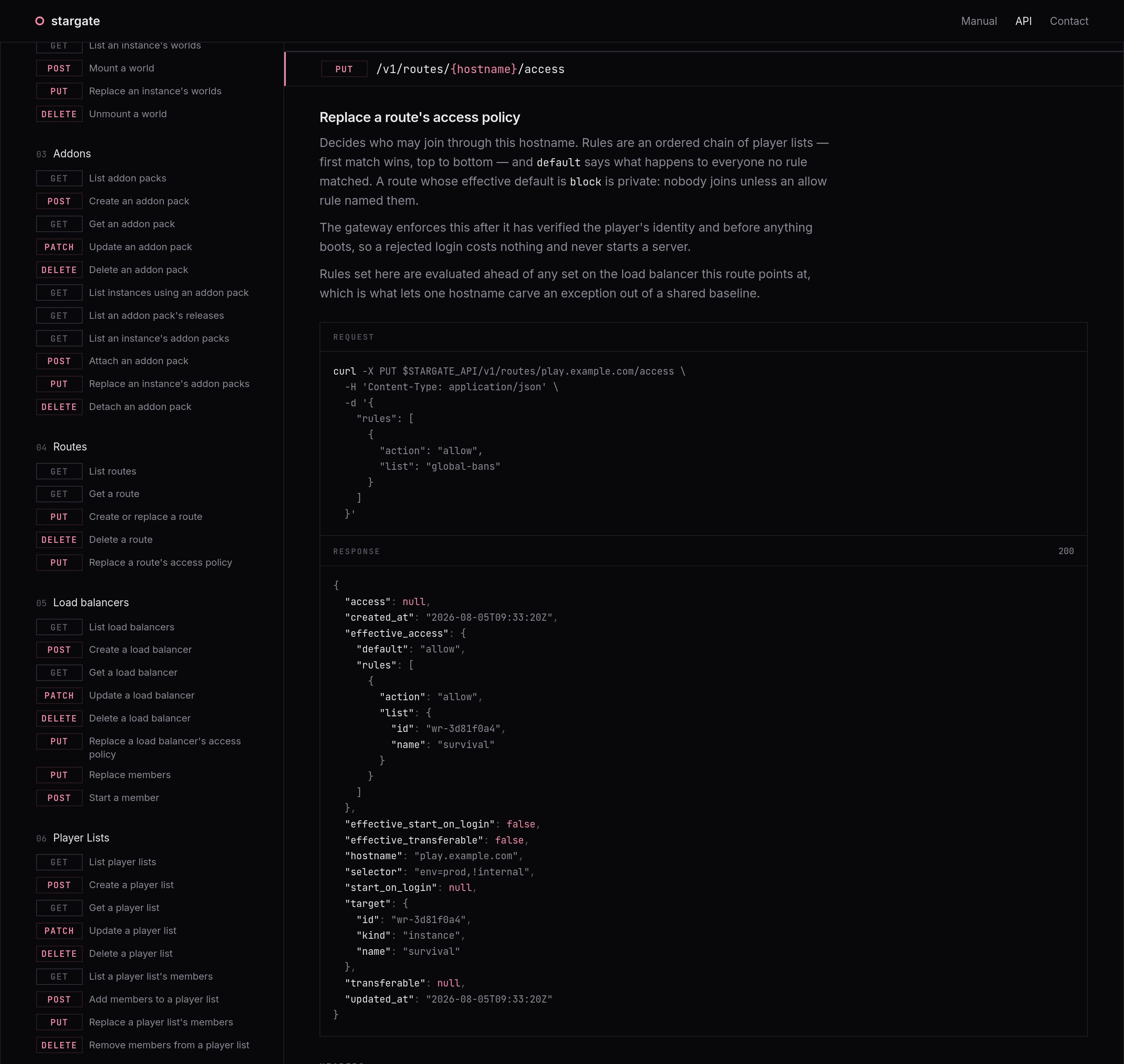 Stargate REST API reference for a route's access policy