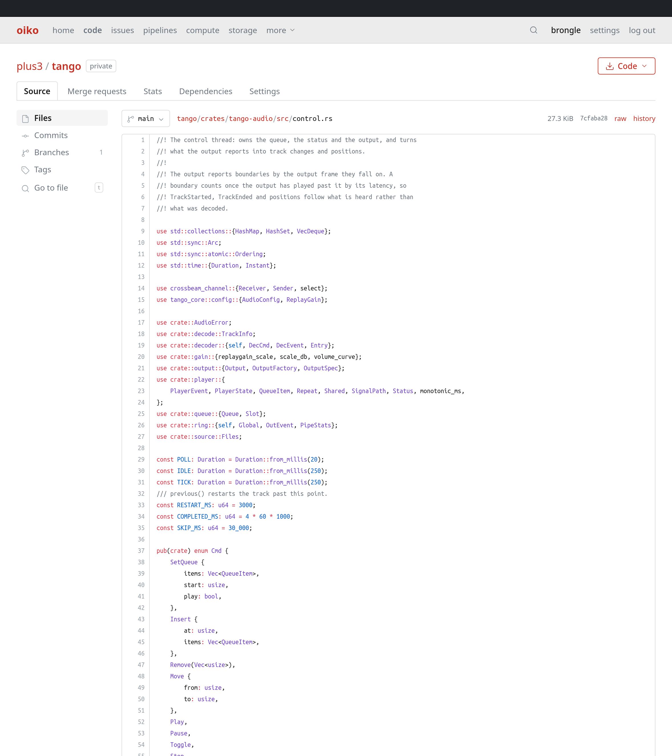Oiko code browser showing a Rust source file