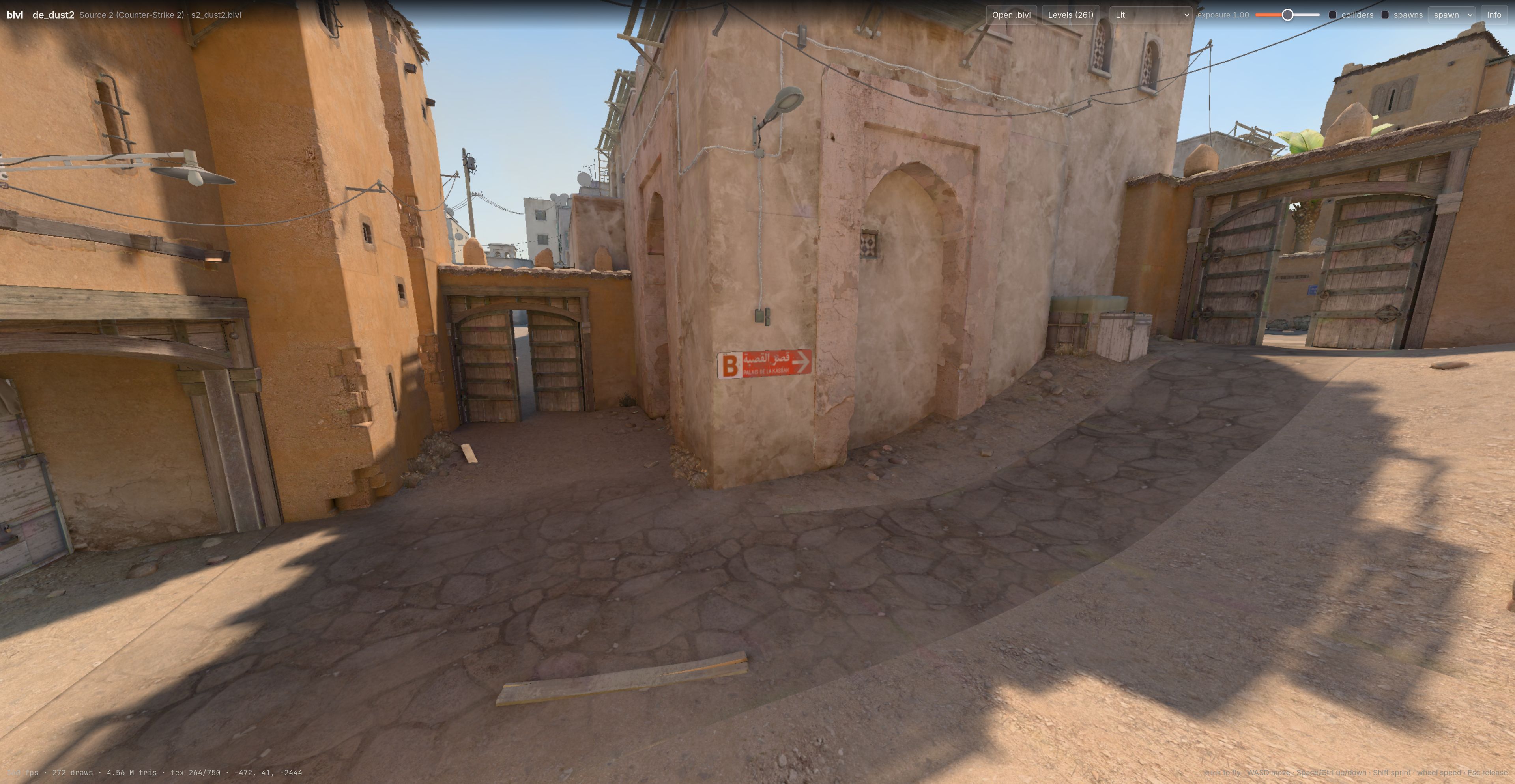 de_dust2 from Counter-Strike 2, baked to .blvl and rendered in the browser viewer