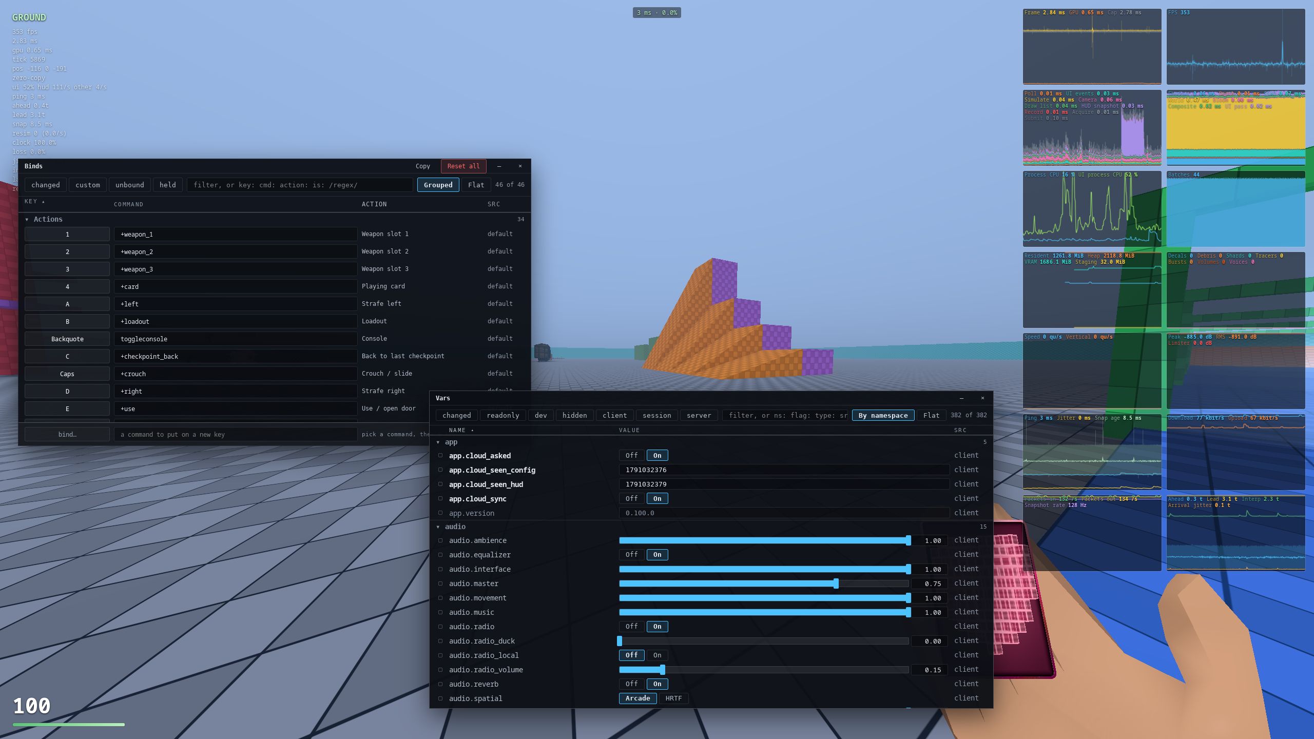 EDS in-game binds and vars windows and live performance graphs, drawn by Gewy over the game