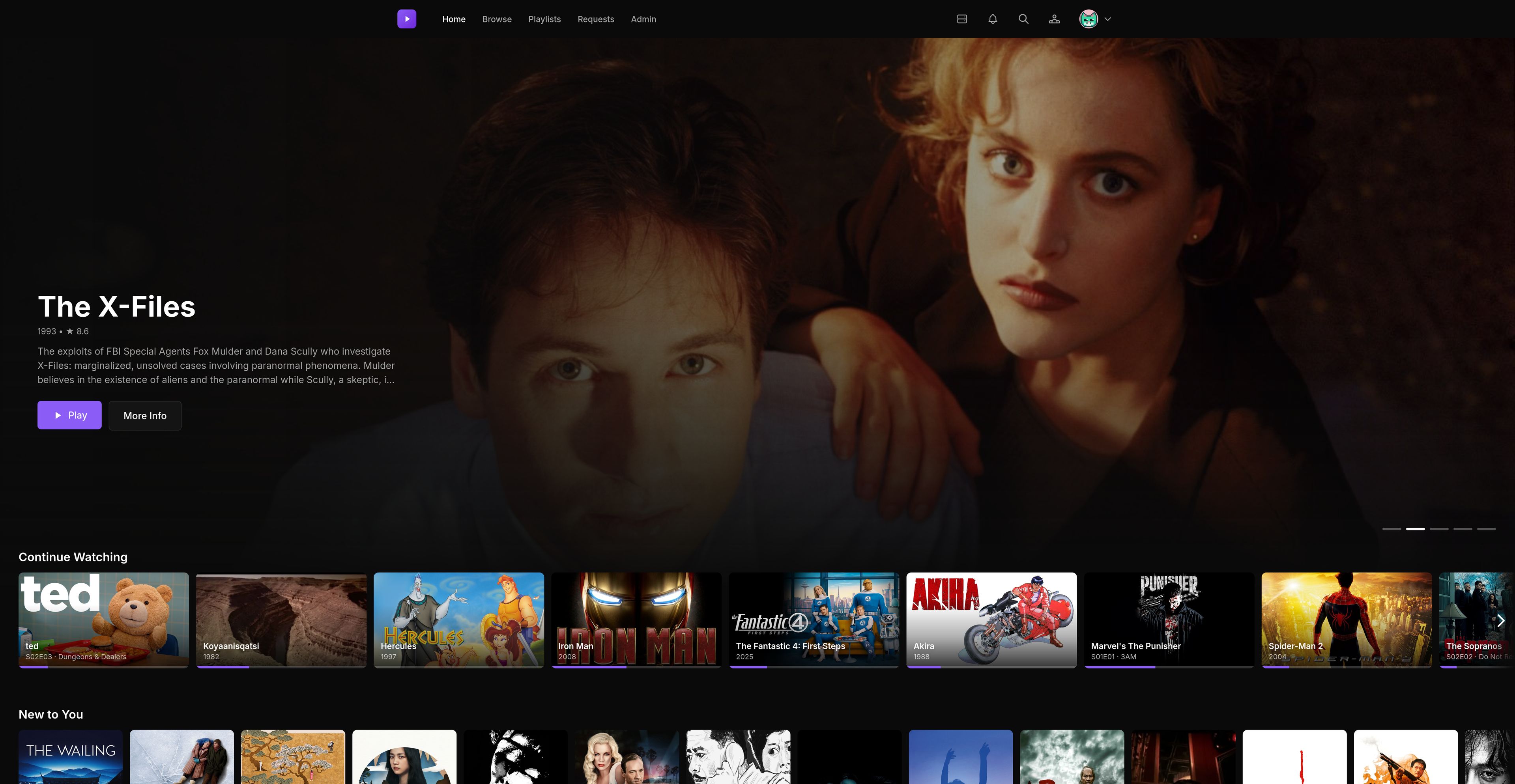 Odeion home screen with a featured title and Continue Watching row