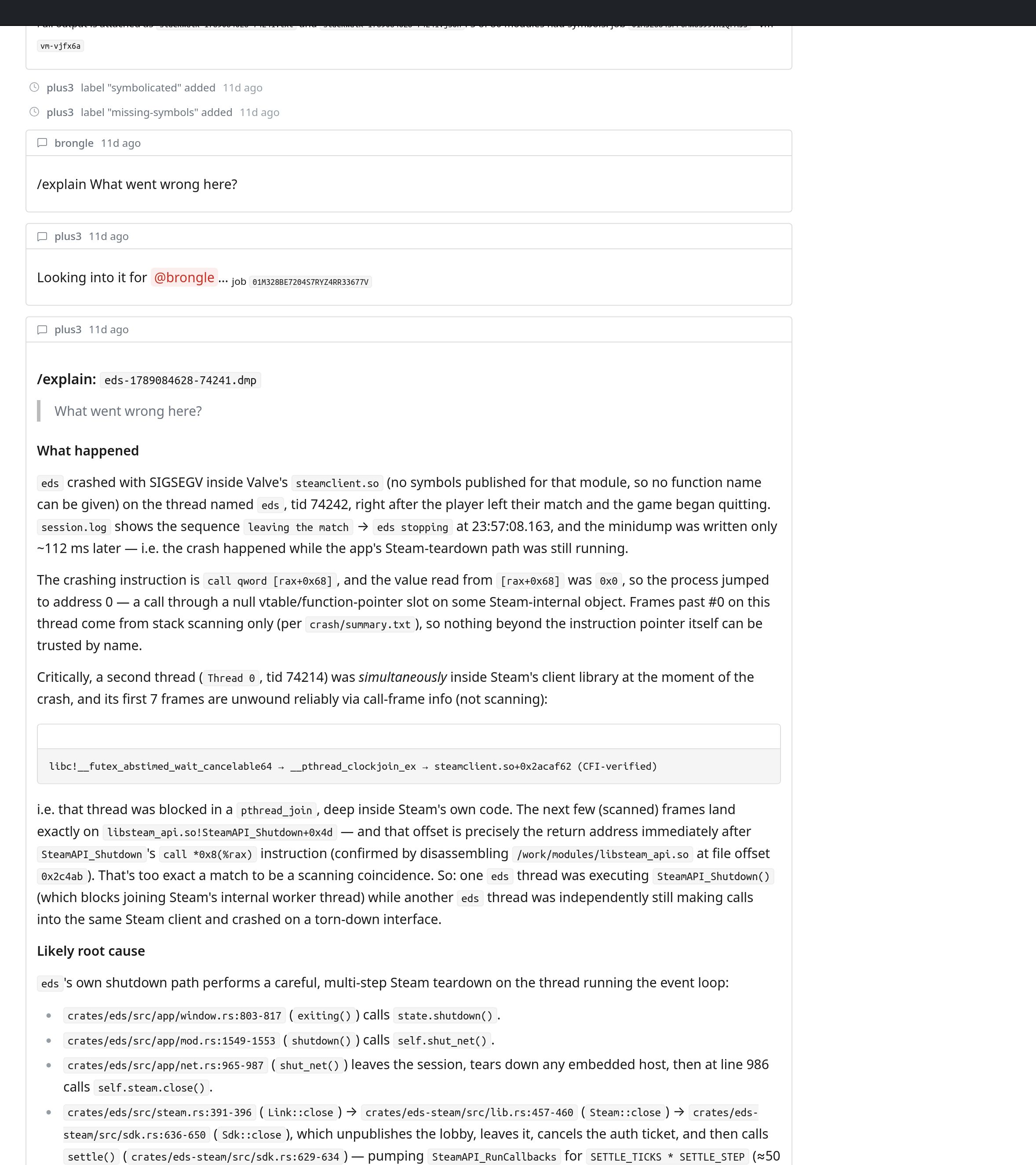 Oiko issue thread where the /explain command diagnoses a crash dump