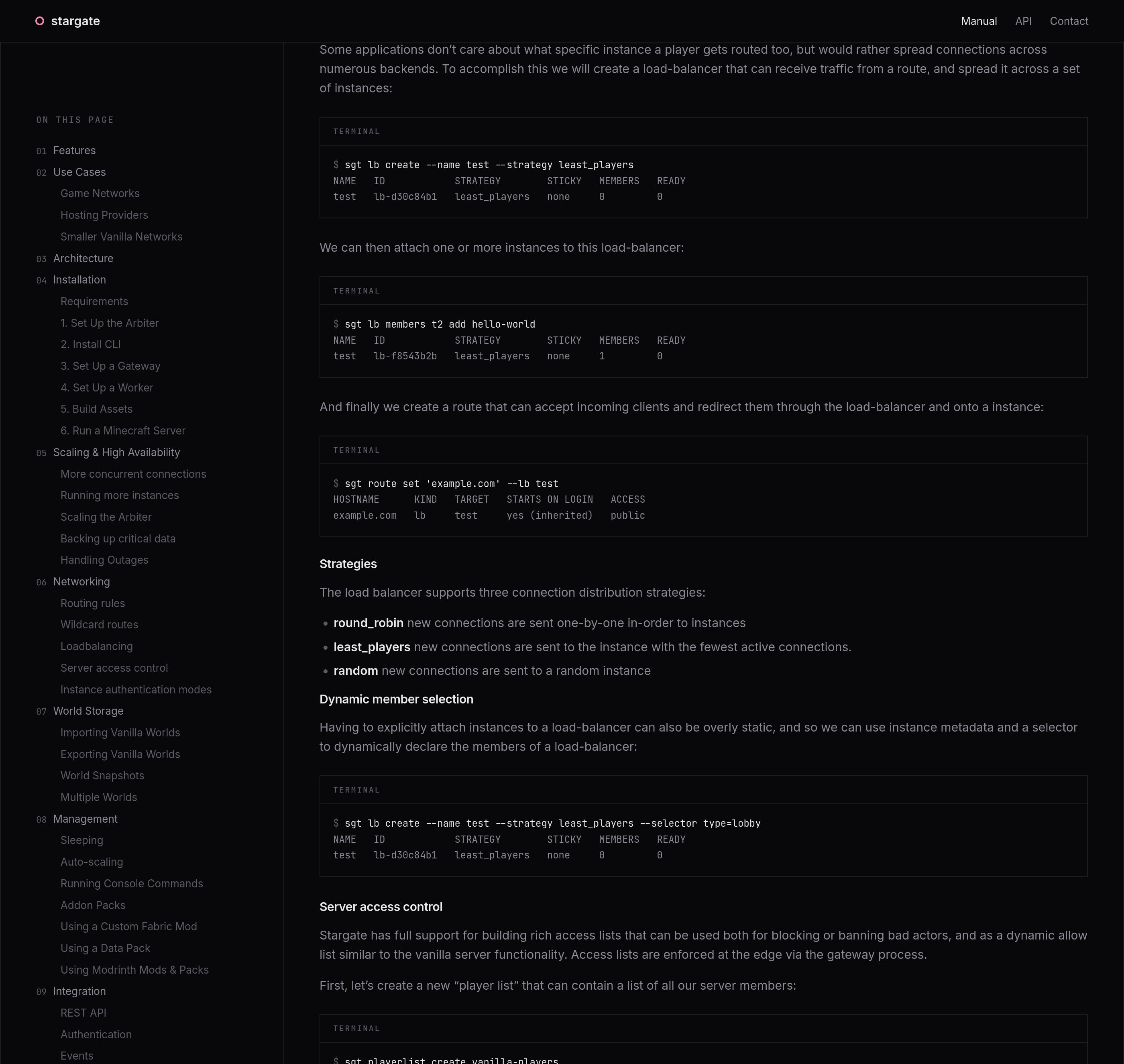 Stargate manual showing load-balancer setup with the sgt CLI
