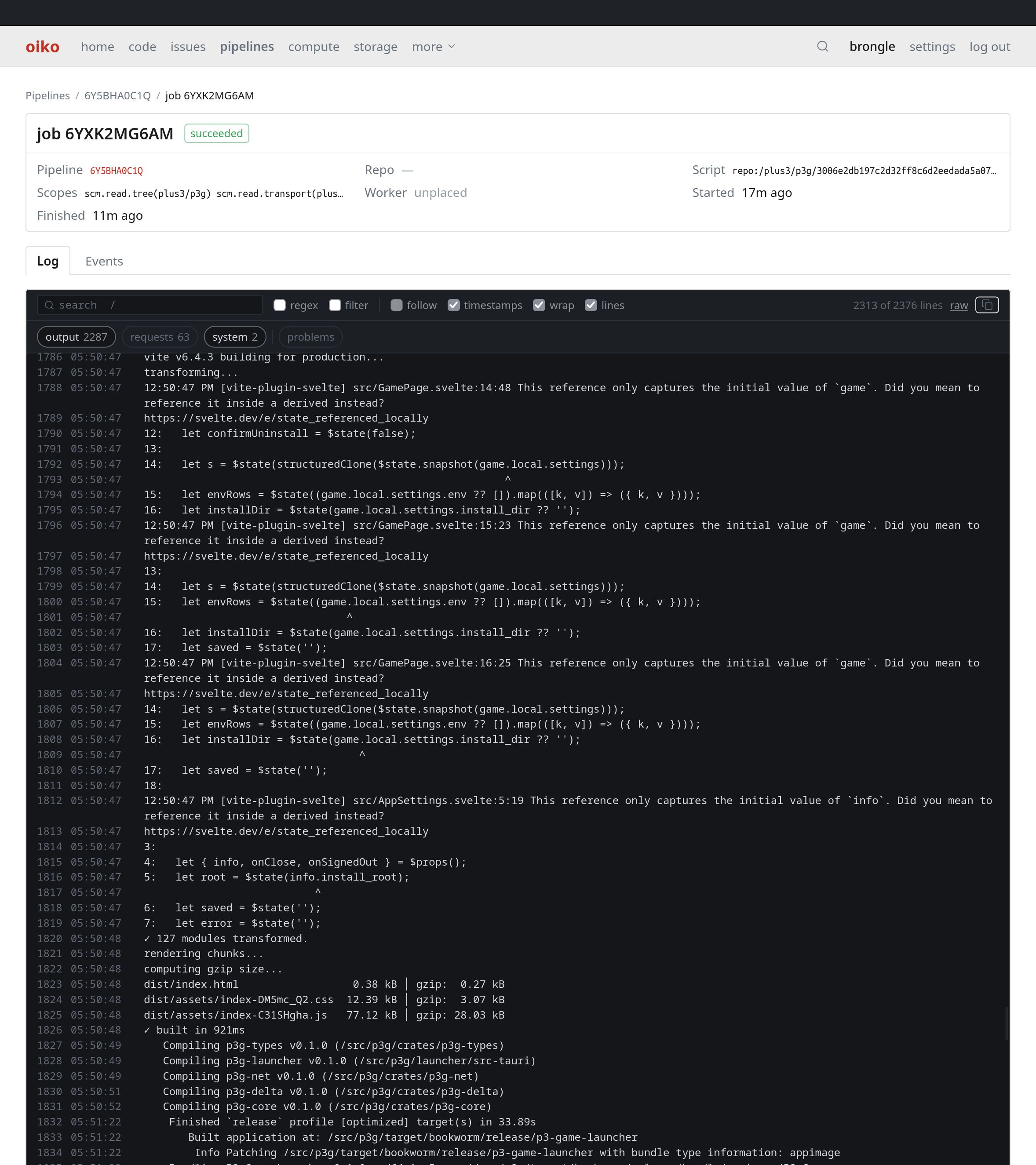 Oiko pipeline job log from a successful build