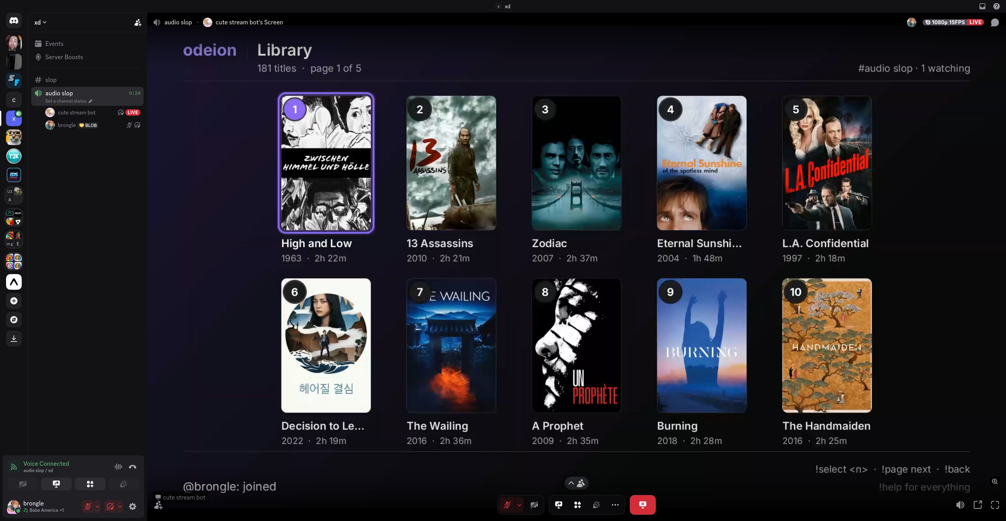 Odeion library streaming into a Discord voice channel
