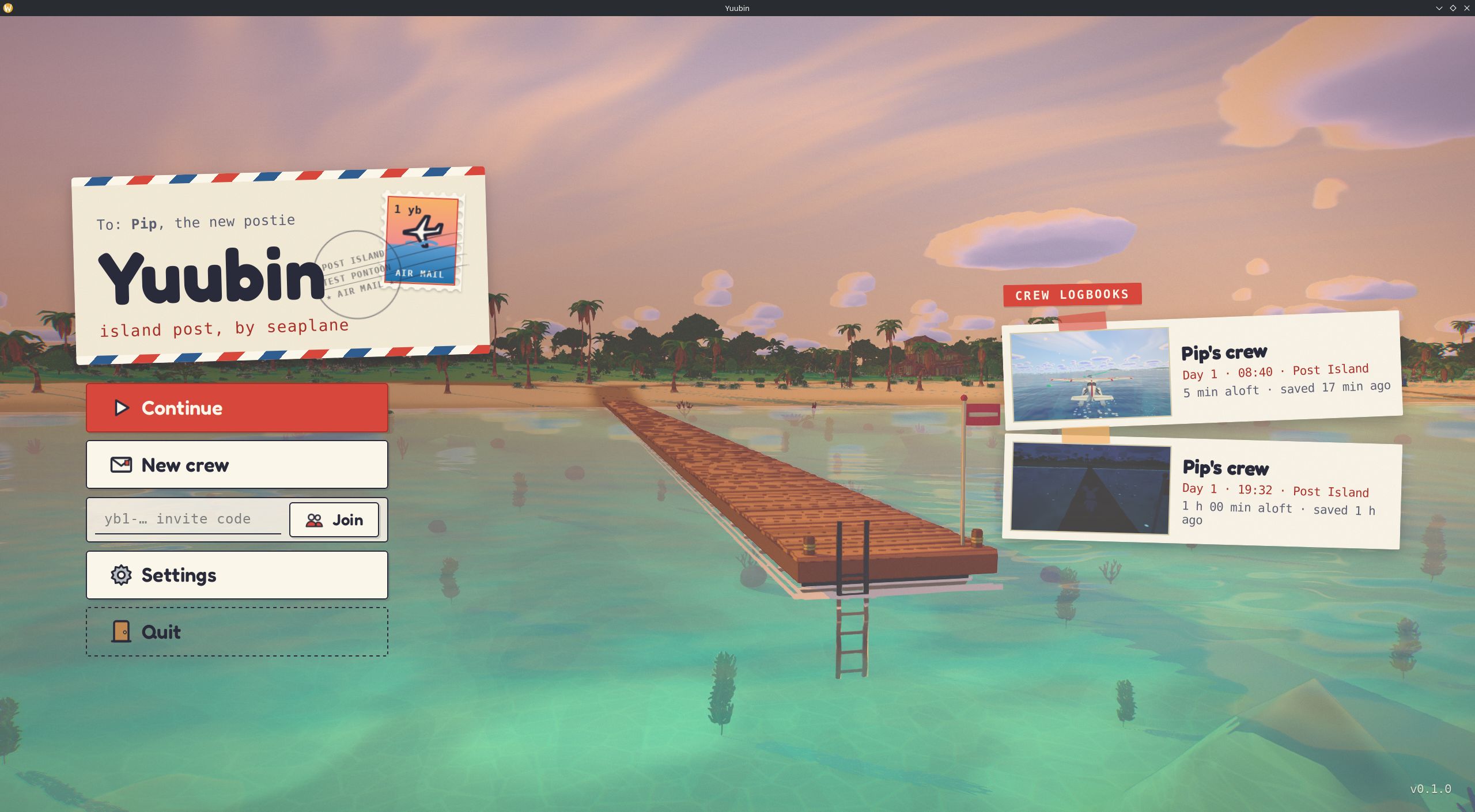 Yuubin main menu built with Gewy over a 3D island scene
